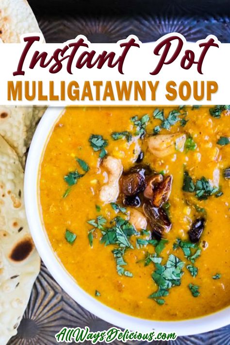 Instant pot mulligatawny soup is a great fall meal. It’s easy to make, full of curry flavor, and loaded with vegetables. This recipe is vegetarian and, if you leave out the butter, also vegan, but you can always add shredded chicken if you like. The Caramelized Cashews and Raisins garnish is optional, but so worth the little bit of extra effort! | All Ways Delicious @allwaysdelicious #instantpotsouprecipes #mulligatawnysoup #fallrecipes #hughjackman #easysouprecipes #allwaysdelicious Mulligatawny Soup Recipe, Mulligatawny Soup, Roasted Red Pepper Soup, Fall Meal, Instant Pot Soup Recipes, Stuffed Pepper Soup, Vegetarian Soup, Chinese Recipes, Easy Soup Recipes