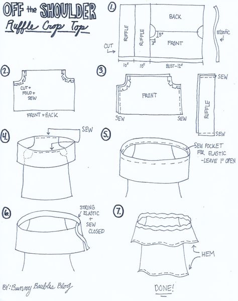 Off the Shoulder Ruffle Crop Top Sewing Tutorial by Bunny Baubles Blog Top Sewing Tutorial, Crop Top Sewing, White Lace Shirt, Sewing Tops, Top Sewing, Ruffle Crop Top, Diy Clothing, Sewing Projects For Beginners, Sewing For Beginners