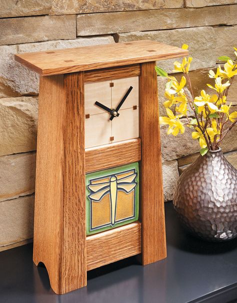 Craftsman-Style Clock | Woodsmith Plans - This mantel clock is small in size, but it’s sure to be big in appeal. Craftsman Clocks, Woodworking Plans Patterns, Craftsman Furniture, Woodworking Projects Furniture, Woodworking Plans Beginner, Woodworking Projects For Kids, Woodworking Furniture Plans, Woodworking Plans Diy, Woodworking Projects That Sell