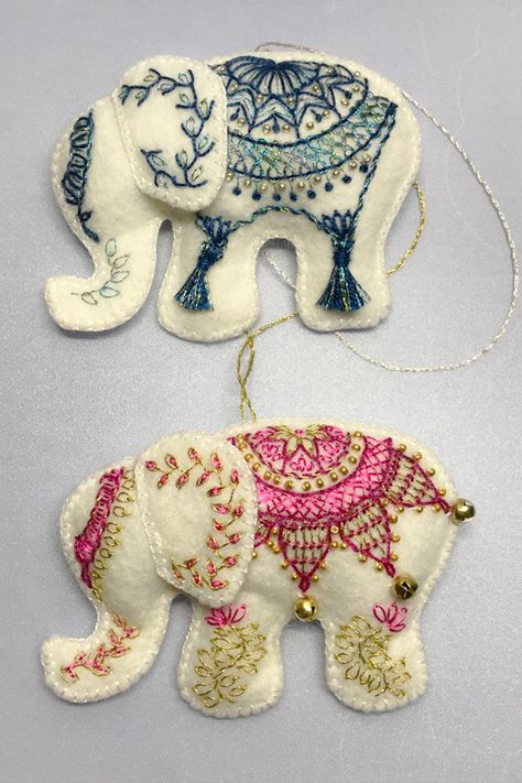 Whipped Back Stitch, Detached Chain Stitch, Felt Elephant, Fly Stitch, Ornaments Making, Stem Stitch, Embroidered Elephant, Applique Ideas, Felt Crafts Patterns