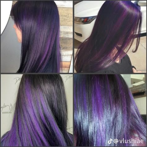 Purple Hair With Black Underneath, Purple Highlights Straight Hair, Purple Strands In Hair, Elissabat Hair, Black And Purple Highlights, Brown Hair With Purple Streaks, Purple And Blue Streaks, Purple Streaks In Brown Hair, Purple Skunk Hair