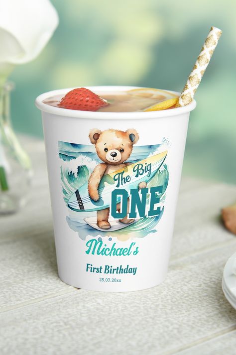 The big one surfing birthday party tableware paper cups Surfing Birthday Party, Surfing Board, Sea Blue Color, Colorful Invitations, Monogrammed Napkins, Nautical Party, The Big One, Birthday Cup, Baby Birthday Party