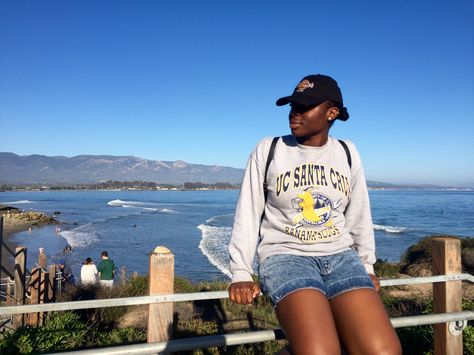 Reciprocity student (Ehimemen Edevbalo-Ehizode - University of Kent) wearing her UC Santa Cruz gear. Vacation Proposal, University Of California Santa Cruz, College Collage, Uc Santa Cruz, Nature Party, University Of Kent, Dream College, Fashion Goals, Grad School