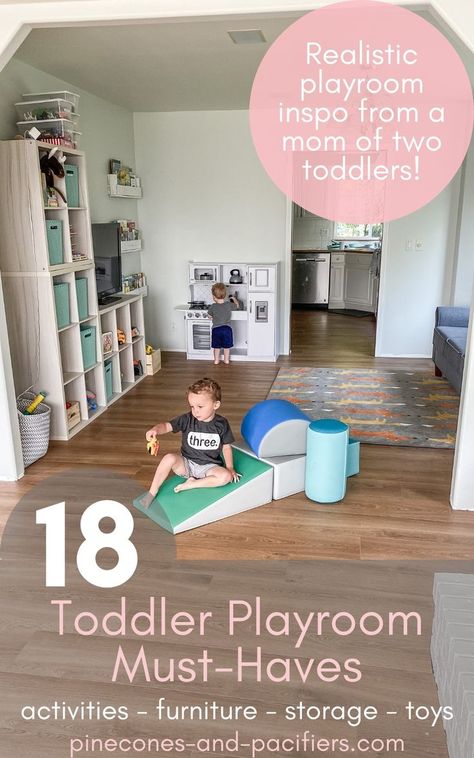 Playroom Ideas For Infants, Playroom Ideas 1 Year, Playroom Must Have Toys, One Year Old Playroom Ideas, Two Year Old Playroom, Monissory Playroom, Playroom Checklist, Downstairs Playroom Ideas, Shared Playroom And Family Room