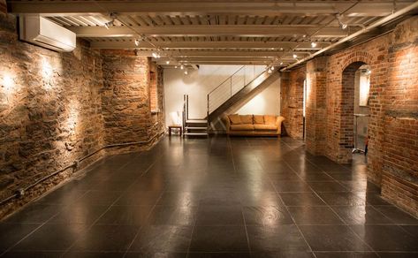 Brick Basement Finish Basement Archway Ideas, Brick Basement Bar, Brick Basement Stairwell, Brick Accent Wall Basement Bar, Basement Bar With Brick Backsplash, Basement Bar Brick Wall, Low Ceiling Basement, Brick Archway, Rustic Basement