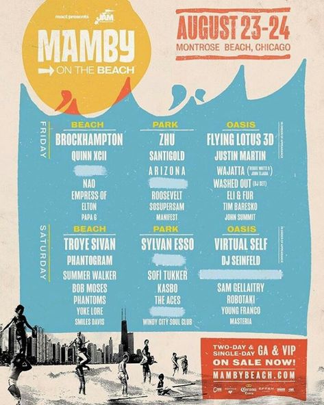 Mamby on the Beach Festival 2019 in Chicago Beach Music Festival, Justin Martin, Festival Lineup, American Festivals, Wellness Workshop, Creative Department, Event Posters, Beach Music, Beach Weekend