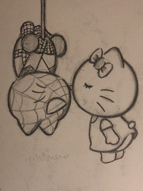 Spiderman Inspo Drawing, Hello Kitty X Spiderman Drawing, Cute Drawings Spiderman, Spiderman Birthday Drawing, Sketchbook Ideas Hello Kitty, Cute Spider Man Drawing, Hello Kitty Spiderman Drawing, Rysunki Hello Kitty, Spiderman And Hello Kitty Drawing