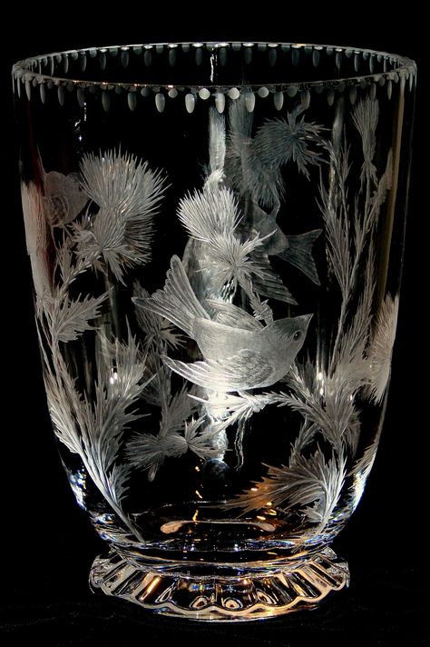 Goldfinches Hand Engraved Crystal Vase by Catherine Miller of Catherine Miller Designs* Technique-stone wheel & diamond point * engraved both sides Glass Engraving, Engraved Crystal, Art Of Glass, Bernard Shaw, Crystal Glassware, Crystal Vase, Fenton Glass, Gorgeous Glass, Art Glass Vase