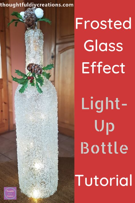 Wine Bottle Lights Diy How To Make, Lights In Glass Bottles, Frosted Glass Christmas Ideas, Painted Christmas Bottles With Lights, Decorated Wine Bottles For Christmas, Epsom Salt Wine Bottles, Wine Bottle Crafts Christmas Lights, Christmas Bottle Crafts Diy, Christmas Crafts Wine Bottles