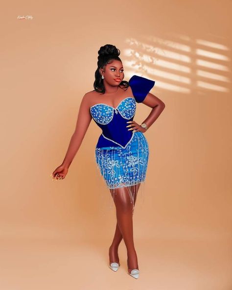 Blue Short Dress Prom, Lace Dress Styles Nigerian, Lace Gown Styles Aso Ebi, Lace Short Gown Styles, Short Dress Prom, Blue Beaded Dress, Lace Asoebi Styles, Nigerian Lace Dress, Blue Short Dress