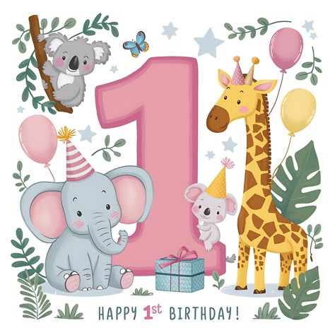 Free Happy 1st Birthday Jungle Happy Birthday Backgrounds, Happy Birthday Baby Girl, 1st Birthday Wishes, Birthday Cards For Kids, Birthday Backgrounds, Birthday Graphics, Birthday Cards Images, Birthday Party Invitation Card, Templates Birthday