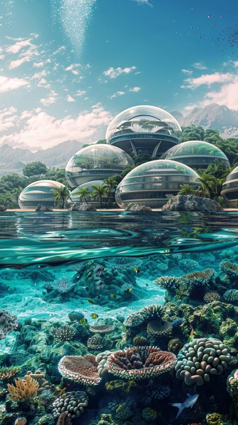 Dive into the mesmerizing depths of our latest artwork and embrace the tranquility of a futuristic underwater world. Save & follow us on Visual Imagine for more breathtaking visuals. Beneath the waves lies a cityscape unlike any other, with domed structures glistening under the sea's surface, merging modernity with marine mystery. #FuturisticUnderwater #DigitalArt #ModernAesthetics #VisualImagine #ArtInspiration #SustainableCities #AiImage Underwater Alien Concept, Underwater Civilization, Under The Sea Artwork, Underwater Architecture, Fantasy Scenarios, Underwater Observatory, Solarpunk Art, Underwater Base, Futuristic Setting