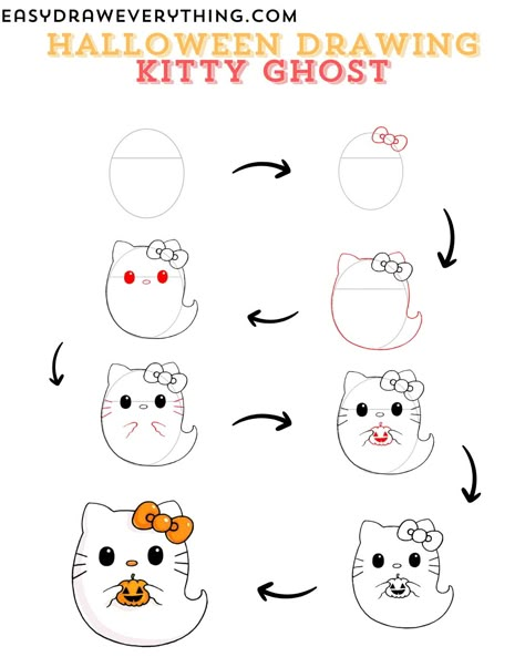 Cute kitty ghost Cute Things To Draw Halloween, Cute Halloween Pictures To Draw, Easy Cute Halloween Drawings, Step By Step Halloween Drawing, Simple Halloween Doodles, Cute Halloween Drawings Ideas, Easy To Draw Halloween Doodles, Easy Halloween Drawings Step By Step, How To Draw Ghost