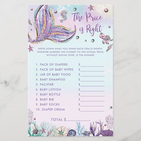 Mermaid The Price is Right Game Shower Activity - sea turtle party gifts The Price Is Right Game, Baby Shower Word Scramble, Baby Name Game, Price Is Right Games, Baby Shower Wording, Celebrity Baby, Mermaid Baby, Celebrity Baby Names, Mermaid Baby Showers