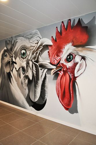 Mdday4 Cartoon Rooster, Chicken Shop, Rooster Art, 3d Street Art, Wall Painting Decor, Graffiti Characters, Wall Drawing, Murals Street Art, Graffiti Murals