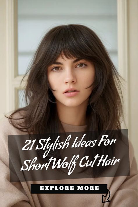 Woman with short wolf cut hairstyle, text overlay "21 Stylish Ideas For Short Wolf Cut Hair" and "Explore More". Short Wolf Cut Hair, Wolf Cut Short, Short Wolf Cut, Versatile Haircut, Wolf Cut Hair, Curly Pixie Cuts, Boring Hair, Curly Pixie, Wolf Cut