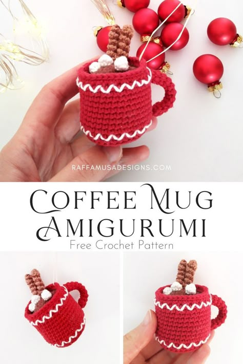 a collage of pictures showing the crochet coffee mug Amigurumi Christmas tree ornament Christmas Crochet Patterns Free Grinch, Mug Crochet Pattern, Crochet Coffee Mug, Crochet Christmas Ornaments Free, Christmas Amigurumi, Crochet Ornament Patterns, Christmas Crochet Patterns Free, Crochet Xmas, Crochet Christmas Trees