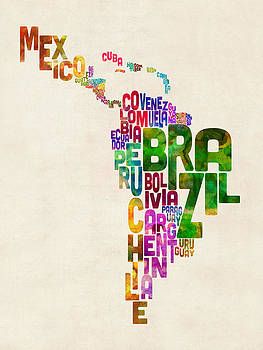 Michael Tompsett - Typography Map of Latin America, Mexico, Central and South America America Poster, Forest Illustrations, Brazil Art, America Map, Forest Illustration, Art Typography, Canvas Print Display, Illustrated Map, Heart Art