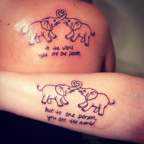 Mine and my mom's matching tattoos. (: Tattoo Idea Mom And Son, Mother And Daughter Tattoos Elephant, Mom Son Tattoos Matching, Mom And Daughter Tattoos Matching Elephants, Matching Tattoos For Aunt And Nephew, Wholesome Tattoo Ideas, Sister Elephant Tattoos, Matching Tattoos Godmother And Goddaughter, Matching Elephant Tattoos Mom