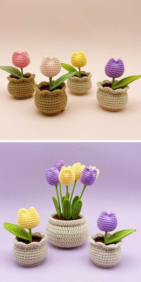 crocheted tulips in pots Tulip Amigurumi Free Pattern, Crochet Tulip Flower Free Pattern, Crochet Teacher Gifts Free Pattern, Mini Amigurumi Free Pattern, Crochet Flower Pot, Corak Krusye, Crochet Making, Crochet Tulip, Crochet Flowers Free Pattern