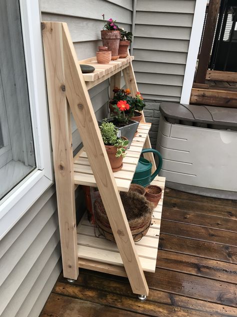 Plant Rack Ideas Outdoor, Garden Rack Plants, Easy Diy Outdoor Plant Stands, Diy Outdoor Plant Stands, Plant Shelves Outdoor, Shelf Garden, Cedar Plant, Ladder Plant Stand, Outdoor Shelves