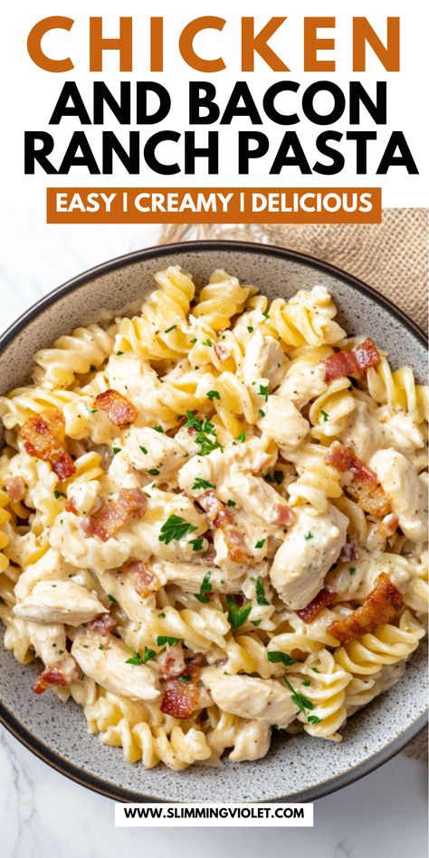 This chicken and bacon ranch pasta is the ultimate comfort food! With savory bacon and creamy ranch flavor, it’s a dish the whole family will love. Save this for a hearty dinner option! Delicious Pasta Recipes, Bacon Ranch Pasta, Chicken Ranch Pasta, Chicken And Bacon, Chicken Bacon Ranch Pasta, Chicken Ranch, Creamy Ranch, Ranch Pasta, Easy Pasta Dishes