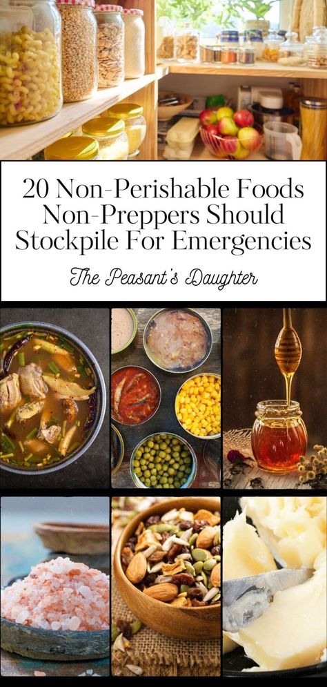 A collage of common pantry items to stockpile. Prepping Food Survival List, Doomsday Prepping Food List, 1 Year Emergency Food Supply List, Stocking Up On Food For Emergencies, Emergency Food Prep, Food Storage Prepping, Foods To Stock Up On For Emergencies, 6 Month Emergency Food Supply List, Best Prepper Food List