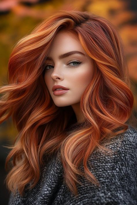 fall hair colors, hair trends, hair inspiration Autumn Copper Hair Color, Auburn Copper Hair With Blonde Highlights, Auburn Copper Hair With Highlights, Red Hair Orange Highlights, Fall Red Hair Color Autumn Highlights, Winter Copper Hair, Warm Autumn Hair Color Ideas, Bright Copper Hair With Highlights, Auburn Copper Hair Color