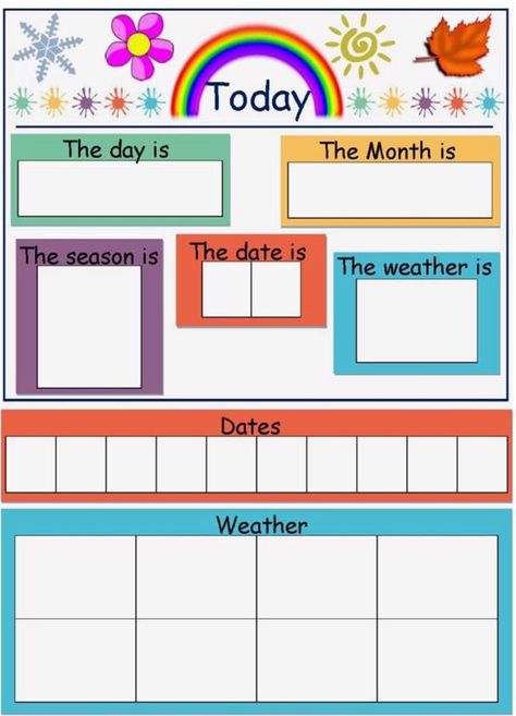 Date Board Ideas, Day Chart Preschool, Today Is Chart Preschool, Kindergarten Weather Chart, Days Of The Week And Months Of The Year, Whos Here Today Chart Preschool, All About Today Chart For Preschool, Daycare Charts, Colours Chart For Preschool