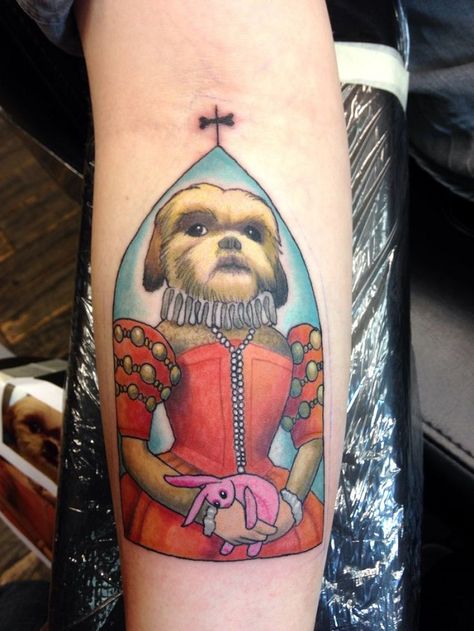 The 14 Coolest Shih Tzu Tattoo Designs In The World Angel Wings Halo Tattoo, Shih Tzu Tattoo, Kite Tattoo, Brown Tattoo Ink, Halo Tattoo, Chicken Tattoo, Pug Tattoo, Mind Benders, Batman Tattoo