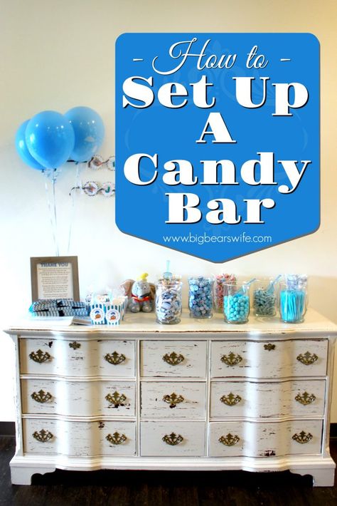 How to Set up a Candy Bar for Party Favors - Need a great favor idea for a baby shower, wedding or birthday party? A Candy Bar is the perfect idea for favors, as you can customize it to match any theme or party color combo! Bar For Party, Blue Candy Bar, Blue Candy Bars, Baby Shower Candy Table, Baby Shower Favours For Guests, Unique Baby Shower Themes, Baby Shower Favors Diy, Baby Shower Candy Bar, Candy Bar Party