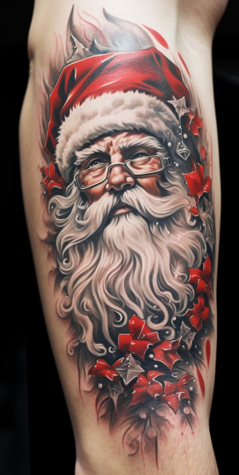 Christmas Tattoo Designs, Christmas Tattoo Flash, Santa Claus Tattoo, Holiday Tattoos, Christmas Tattoos, Motorcycle Tattoo, Motorcycle Tattoos, Christmas Tattoo, Creatures Art