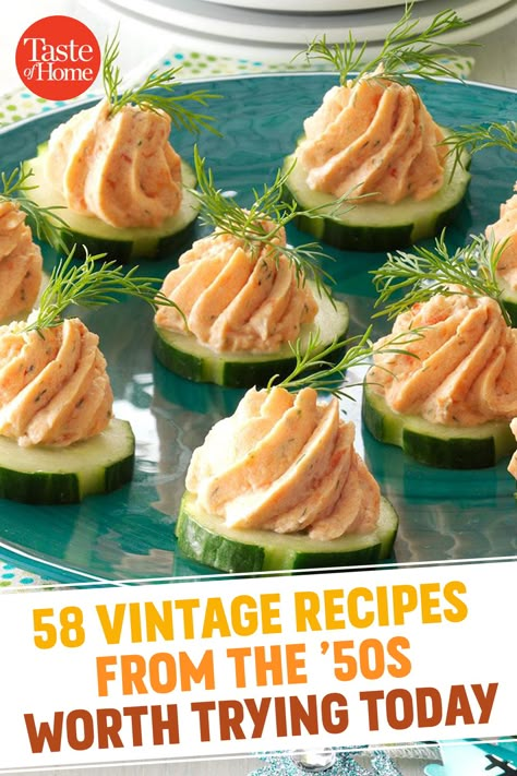 58 Vintage Recipes From the '50s Worth Trying Today Cucumber Recipes Healthy, 1950s Food, Thanksgiving Appetizer Recipes, Heirloom Recipes, Vintage Cooking, Cucumber Recipes, Grandmas Recipes, Potluck Recipes, Retro Recipes