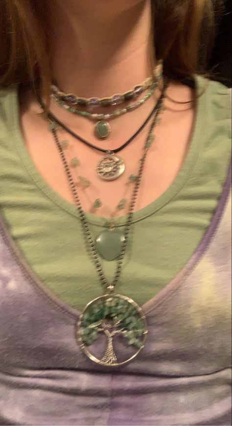 Earthy Aesthetic Jewelry, Long Necklaces Aesthetic, Layered Jewelry Hippie, Hippie Long Beaded Necklace, Earthy Necklace Stack, Green Beaded Hippie Necklace, Layered Hippie Necklaces, Hippie Hand-strung Beaded Necklaces As Gift, Necklace Stack Grunge