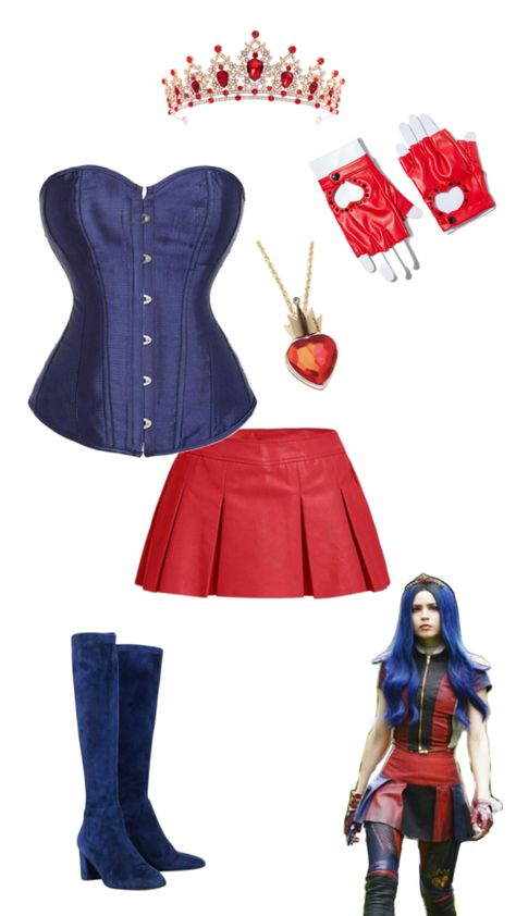 Mal And Evie Halloween Costumes, Evie Descendants Inspired Outfits, Mal And Evie Costumes, Disney Princess Red Dress, Descendants Halloween Costumes, Evie Descendants Costume, Evie Costume Descendants, Evie Halloween Costume, Descendants Fashion