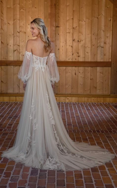 Boho Wedding Dress with Off-the-Shoulder Long Sleeves Cottage Core Wedding Dress, Woodland Wedding Dress, Forest Wedding Dress, Draped Wedding Dress, Fairy Wedding Dress, Essense Of Australia, Kleinfeld Bridal, Bridal Elegance, Fairy Wedding