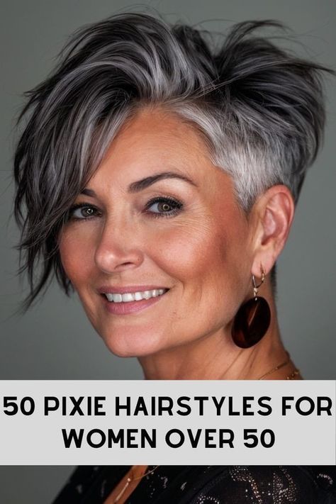 Great Short Haircuts, Super Short Grey Hair, Pixie Undercut Haircut, Undercut Over 50, Stacked Shaggy Bob, Pixie Haircut For Gray Hair, Curled Pixie Hairstyles, Pixie Haircut Shaved Back, Shaved Nape Pixie