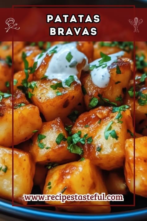 Patatas Bravas is a beloved Spanish dish featuring crispy fried potatoes tossed in a spicy bravas sauce and drizzled with creamy garlic aioli. Perfect for sharing as a tapas-style appetizer or as a delicious side dish, this recipe is sure to impress family and friends! Papas Bravas Recipe, Spanish Side Dishes, Potato Bravas, Bravas Sauce, Crispy Fried Potatoes, Spanish Potatoes, Spanish Tapas Recipes, Spanish Appetizers, Tapas Recipes