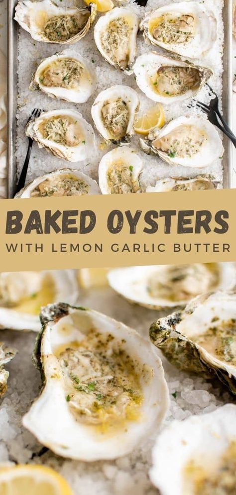 Baked Oysters are a great appetizer for entertaining or as a main meal. They're easy to prepare and are made with lemon garlic butter. Make them for your next party or holiday meal! Garlic Parmesan Oysters, Healthy Oyster Recipes, Baked Oyster Recipes No Shell, Oysters On The Blackstone, Garlic Butter Oysters, Oyster Meal Ideas, How To Make Oysters, How To Prepare Oysters, How To Cook Oysters In The Shell