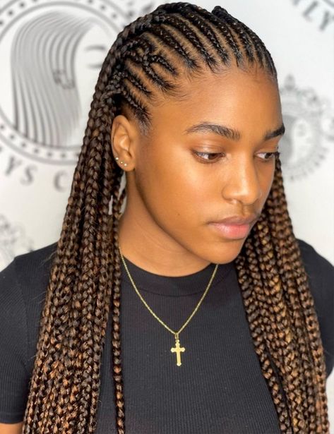 Box Braid And Cornrow, Half Cornrows Half Box Braids Short, Half Up Half Down Cornrows Black Women, Black And Brown Cornrow Braids, Short Natural Hair Plaiting Styles, Half Cornrows Half Box Braids Natural Hair, Half Cornrows Half Twist Braids, Honey Brown Cornrows Braids, Cornrow Raster Hairstyle