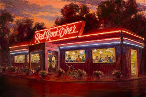 Teresa Vito - Red Rock Diner- Oil - Painting entry - June 2014 | BoldBrush Painting Competition Diner Painting, Vintage Diner, Painting Competition, Art Magazine, Southwest Art, Artwork Images, Cinematic Photography, Rock Cafe, Online Painting