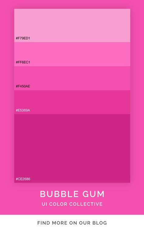 Pink color palette inspiration that comes from bubble gum. Use in marketing design and graphic design projects. Created by the UI color collective. Gradient Pink Color Palette, Barbiecore Graphic Design, All Pink Decor, Bubble Gum Pink Color Palette, Pink Monochrome Color Palette, Bubble Gum Color Palette, Hot Pink Colour Palette, Barbie Pink Color Palette, Shades Of Pink Color Palettes