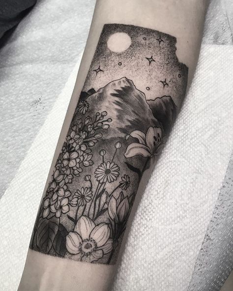 Tattoo Night Sky, Moon Mushroom, Mushroom Tattoo, Night Sky Art, Mushroom Tattoos, Landscape Tattoo, Mountain Tattoo, Tat Ideas, Mountain Scene