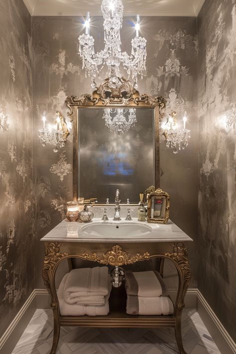 Elevate Your Bathroom: Luxurious Vanity Designs with Gold and Marble Accents Boujee Master Bath, Opulent Bathroom, Bathroom Vanity Area, Whimsical Coffee Table, Vintage Glam Bathroom, Luxurious Vanity, Bathroom Luxurious, Folded Towels, Marble Bedroom