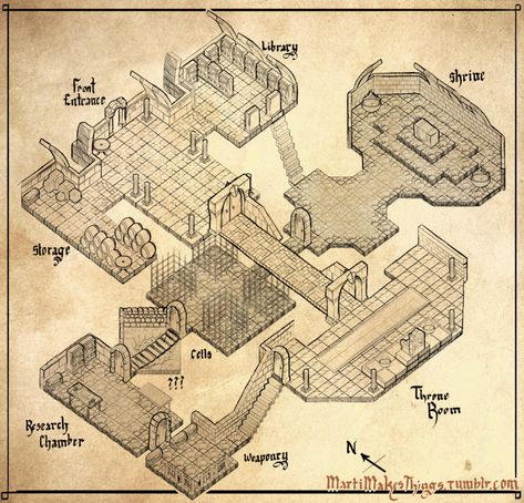 An isometric dungeon design layout I drew for any miscellaneous fantasy RPG. Was a lot of fun and I feel like I'm gonna be making more in the future. Dungeon Layout, Starfinder Maps, Isometric Dungeon, Dungeon Design, Underground Museum, Isometric Map, Map Layout, Battle Map, Fantasy World Map