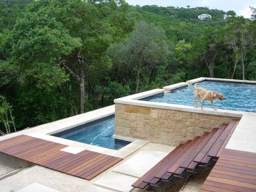 KW to DM/MA: Pool & decking material. No multi-level pools or additional dogs. //  steps - Modern - Pool - Austin - D-CRAIN Design and Construction Multi Level Pool, Deck Design Plans, Hillside Pool, Stone Deck, Multi Level Deck, Above Ground Swimming Pools, Modern Pools, Backyard Pool Designs, Beautiful Pools