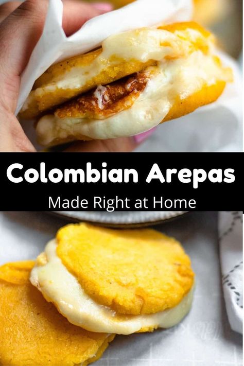 This recipe for Colombian Arepas uses four ingredients and takes 30 minutes from start to finish. And they’re just dripping with mozzarella cheese. Keep reading for the recipe! Filafil Recipe, Colombian Snacks, Colombian Arepas, Columbian Recipes, Colombian Dishes, Arepas Recipe, Colombian Cuisine, South American Recipes, Colombian Food