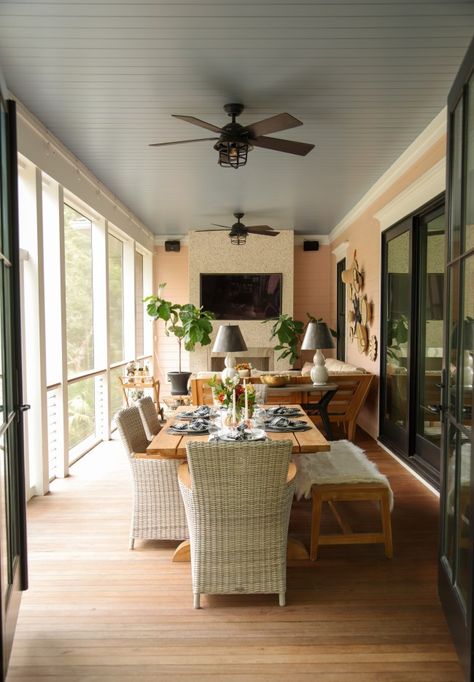 Fall Home Tour Screen Porch Screened In Porch Dining Room, Screen Porch Dining Room, Screened Porch Dining Area, Screened In Dining Porch, Screened In Porch Seating And Dining, Screened In Porch Dining And Living, Coastal Screened Porch Ideas, Screened In Cooking Porch, Screened In Porch And Patio