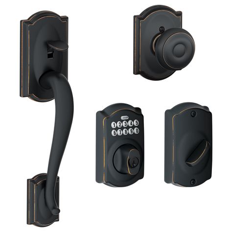 Explore schlage schlage camelot aged bronze electronic keypad deadbolt and entry door handleset bundle in the handlesets section of Lowes.com Exterior Door Handles Front Entry, Front Door Hardware Ideas, Keyless Entry Front Door, Farmhouse Door Hardware, Front Door Knobs, Classic Bungalow, Garage Entry Door, Black Door Hardware, Entry Door Hardware