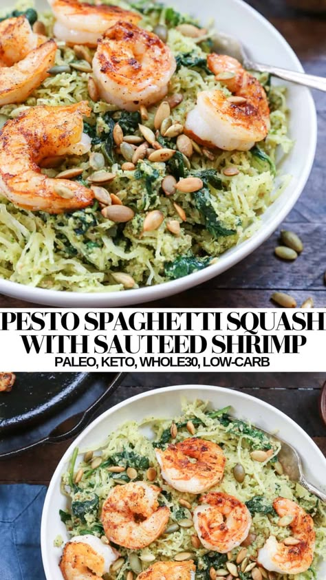 Spaghetti Squash Recipes Chicken, Spaghetti Squash Shrimp, Pesto Spaghetti Squash, Spaghetti Squash Recipes Healthy, Spaghetti Squash Recipes Easy, Pesto Spaghetti, Pesto Shrimp, Healthy Dinner Recipe, Pasta Spaghetti